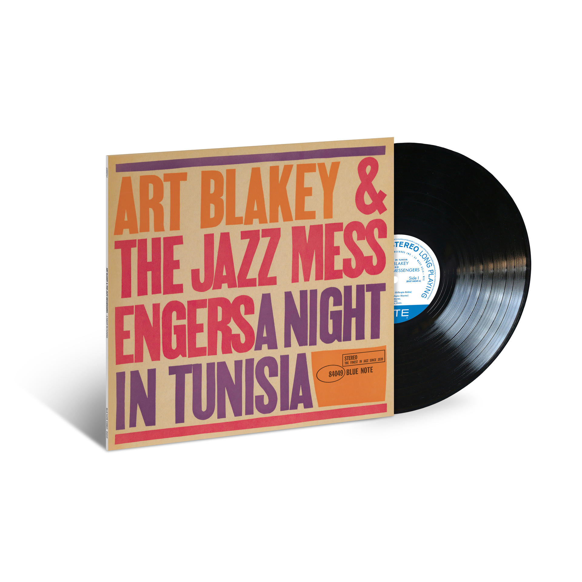 Art Blakey & The Jazz Messengers Albumcover, 'Engersa Night In Tunisia', mit Vinyl-Schallplatte im Blick.