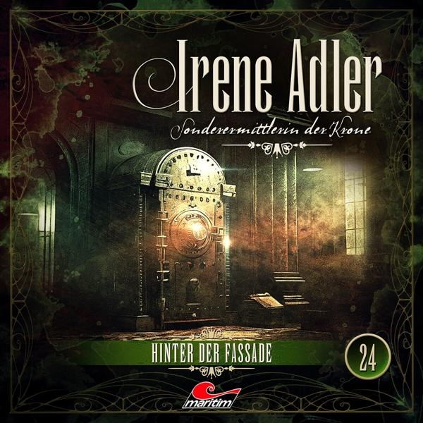 Buchcover. Innenraum, Irene Adler, Titel: Hinter der Fassade, mit Tür.
