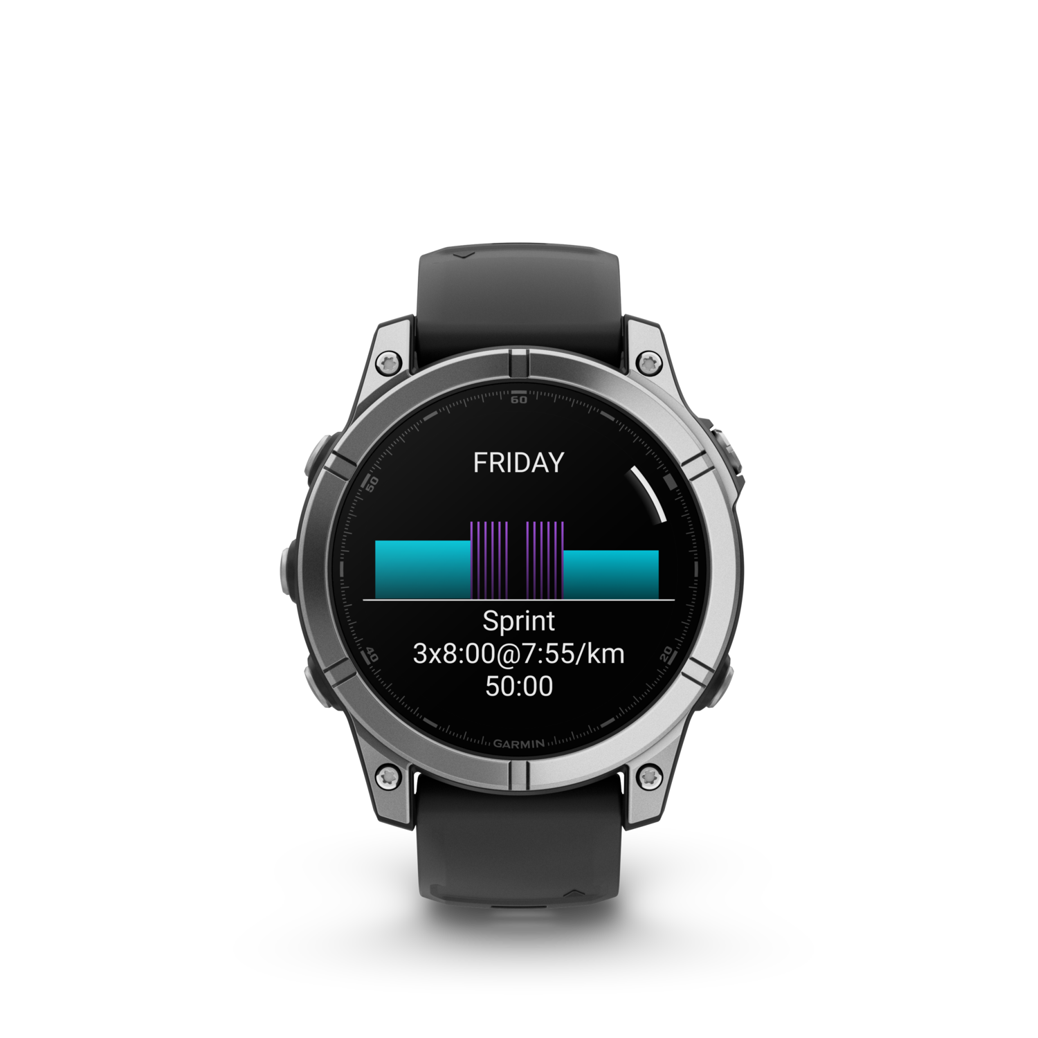 Garmin smart watch screen displaying sprint workout data.