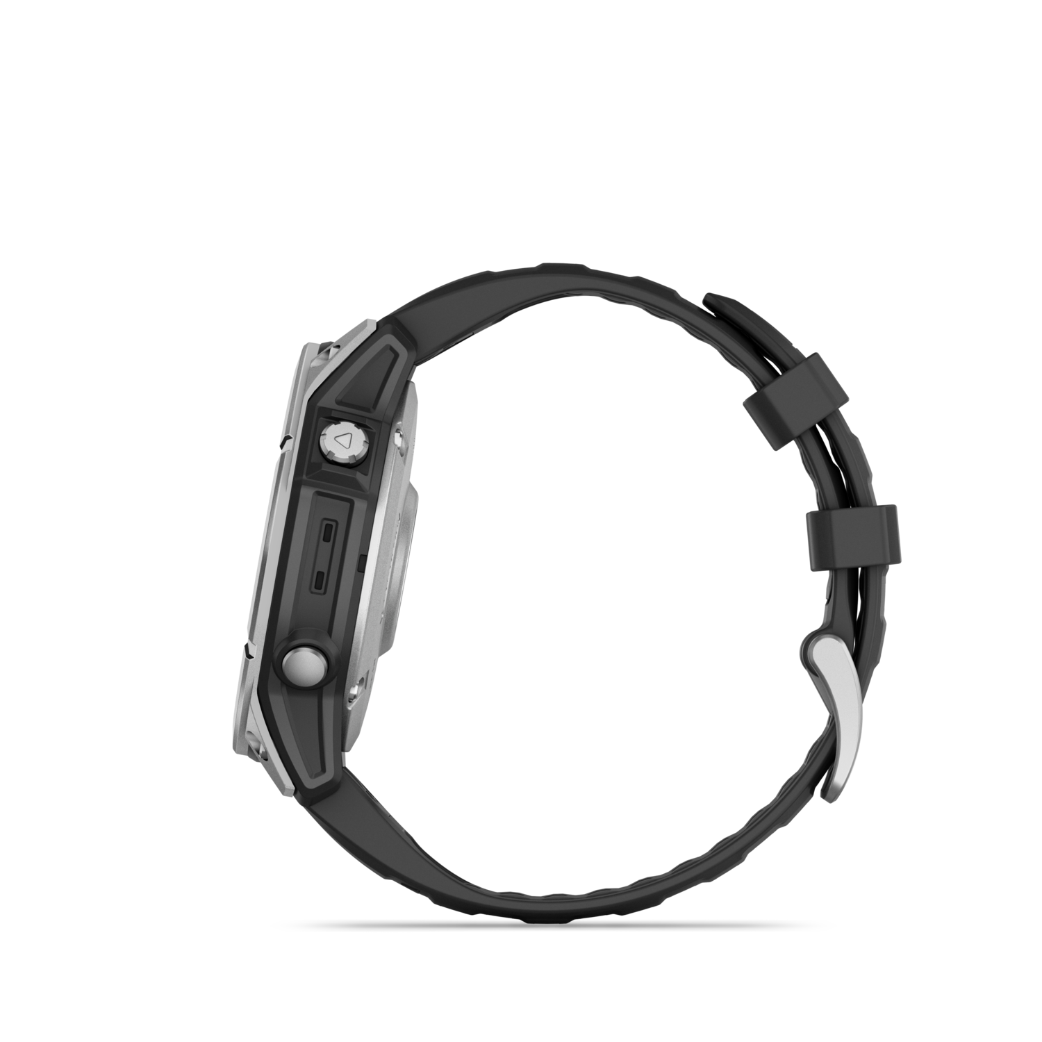 A black smartwatch, side view, with a black strap, showing the side buttons, on a black background.
