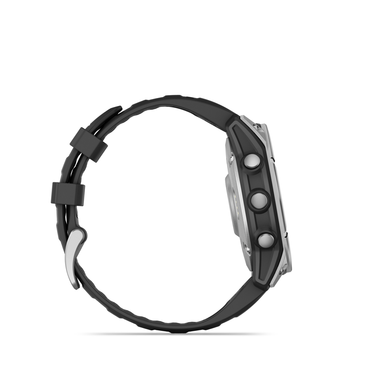 Side view of a black smartwatch. Black band with silver clasp. Three buttons on the right side.