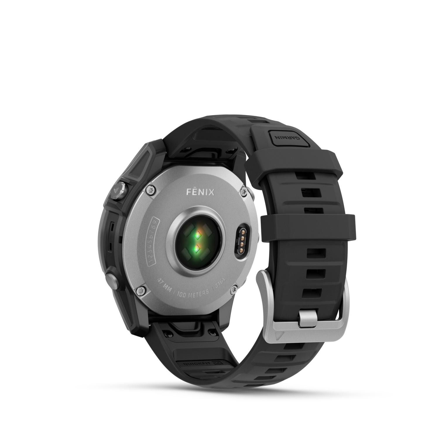 Black watch with heart rate sensor and Garmin logo. Back of the watch is facing upwards.