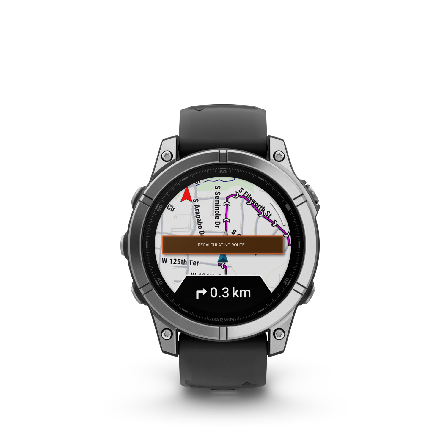 Smartwatch displaying a map with a route recalculating. The watch is on a black background.