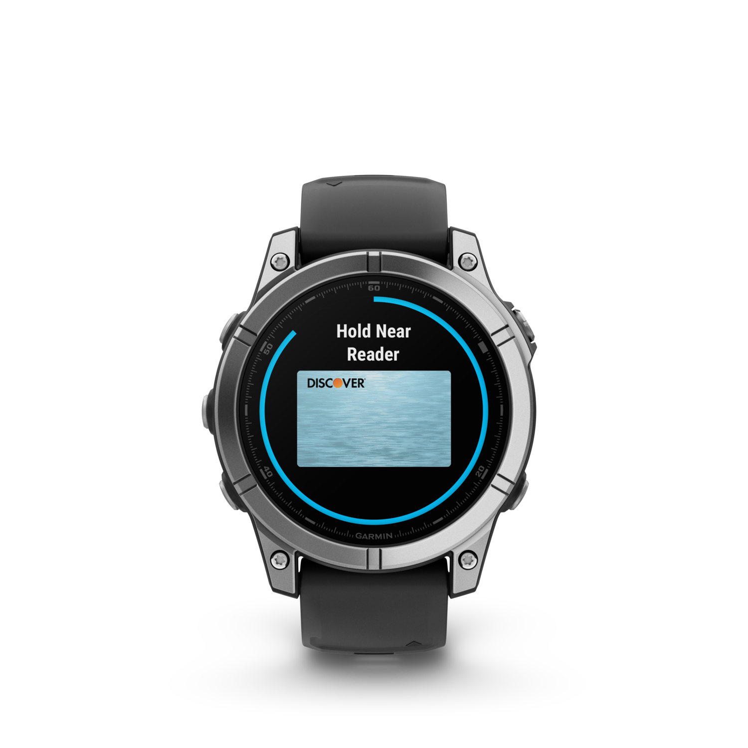 Smartwatch on black background displaying 'Hold Near Reader'.