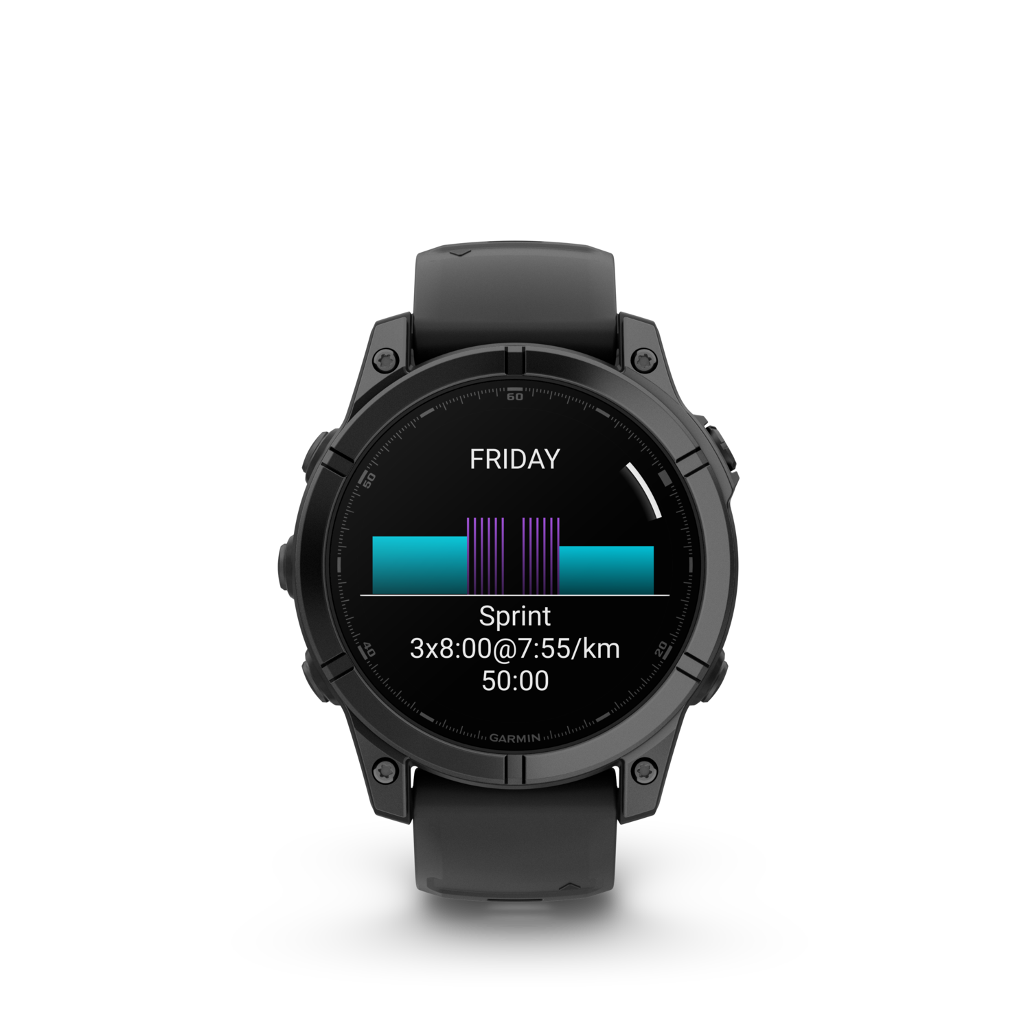 Black Garmin watch displaying workout data: time, distance, and heart rate.