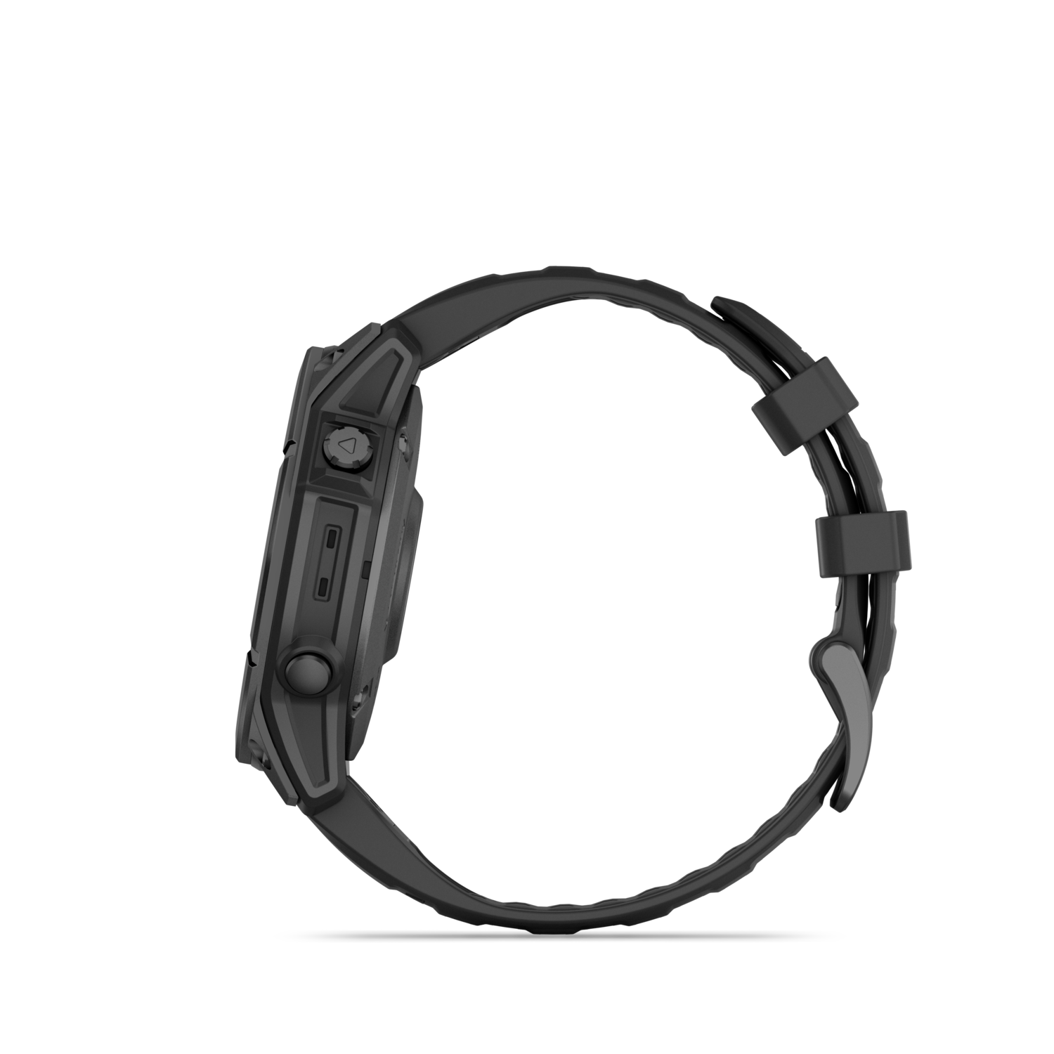 A black smartwatch from the side with a black band, against a black background.