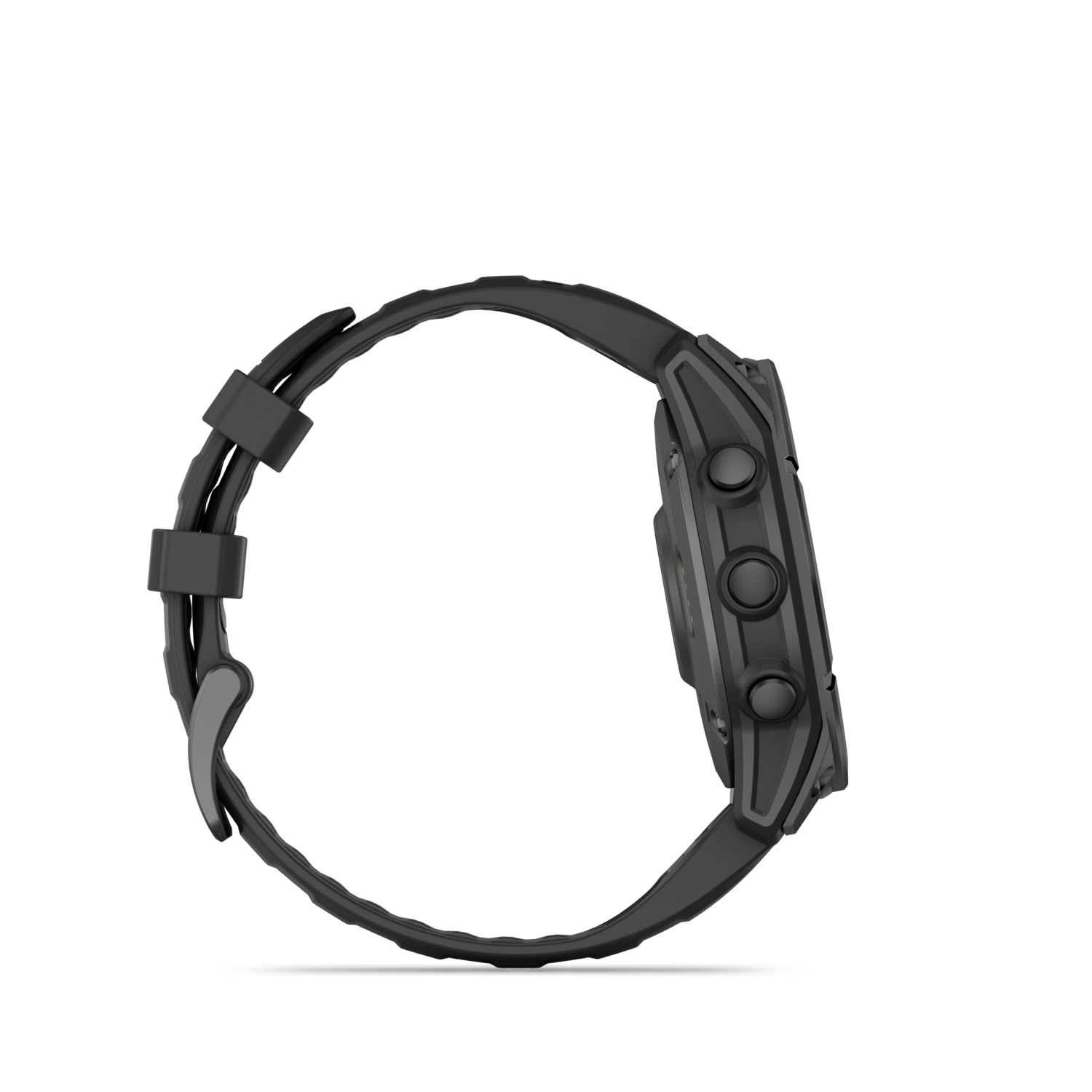 A side view of a black watch with a black strap. The watch has three buttons.