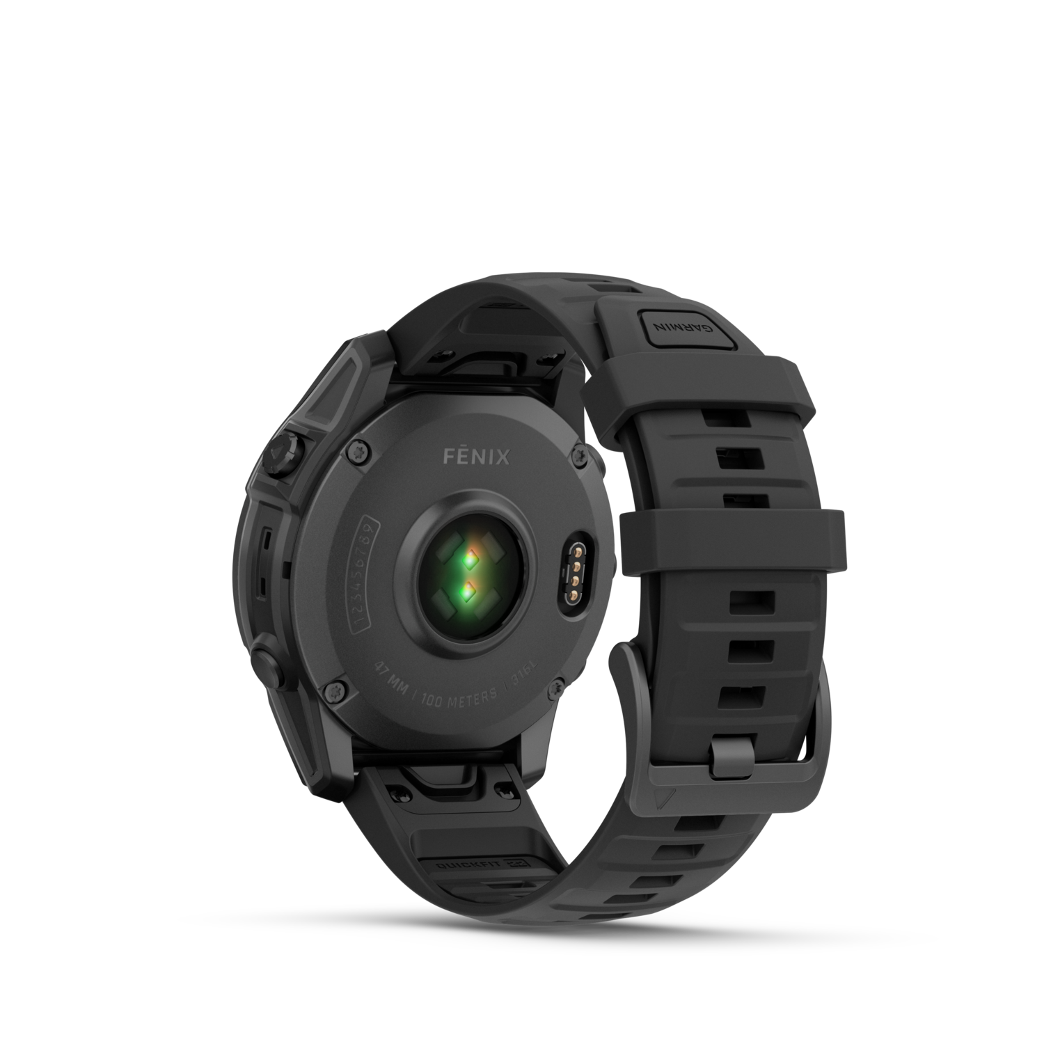 Black Garmin Fenix watch, rear view, showing sensors and band detail on a black background.