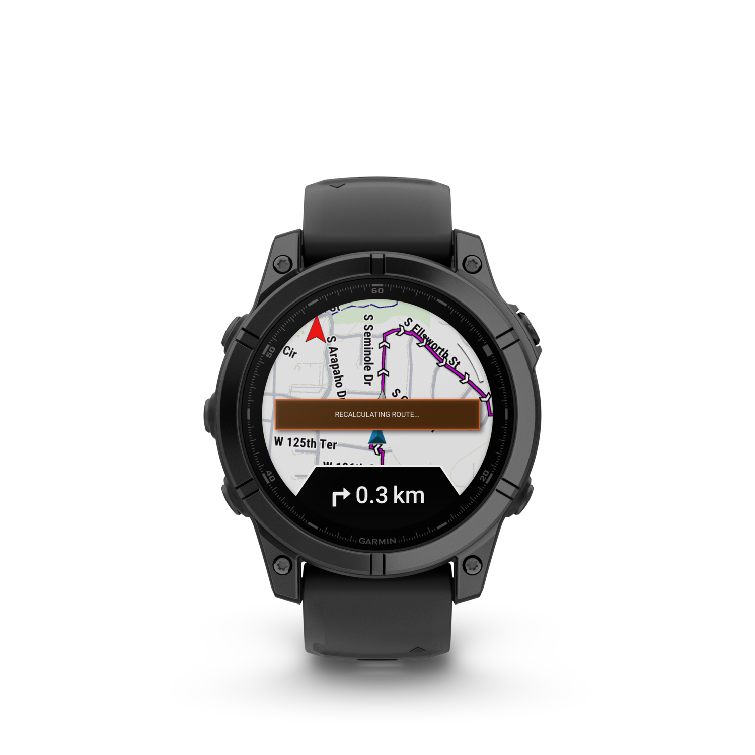 A black Garmin smartwatch displays a map with a route and a 'Recalculating route' message.