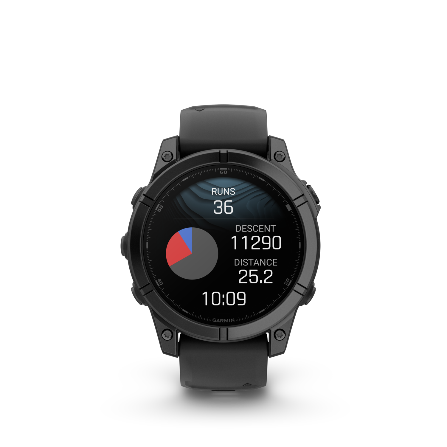Black Garmin smartwatch displaying activity data, a circular graph on the screen.