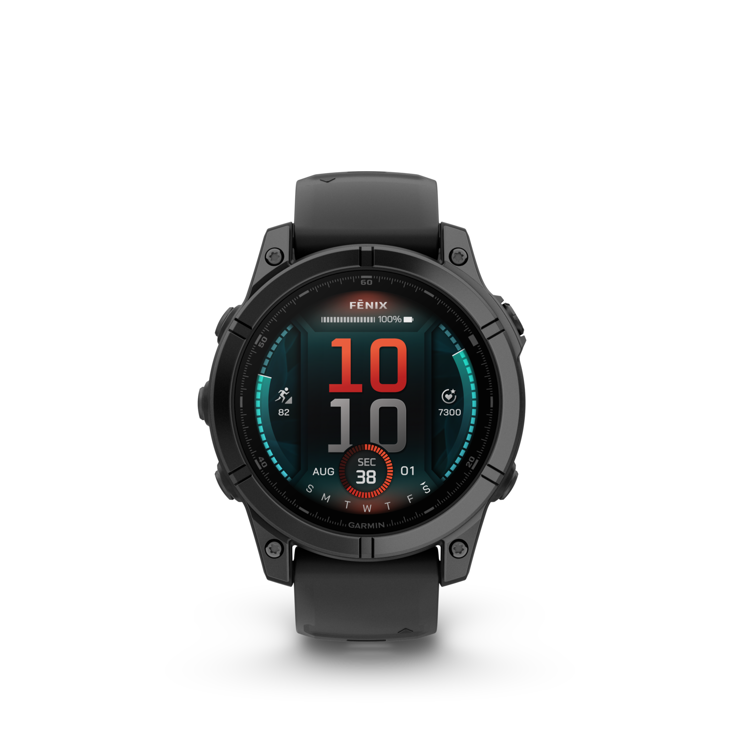 Black Garmin Fenix smartwatch displaying time and health metrics.