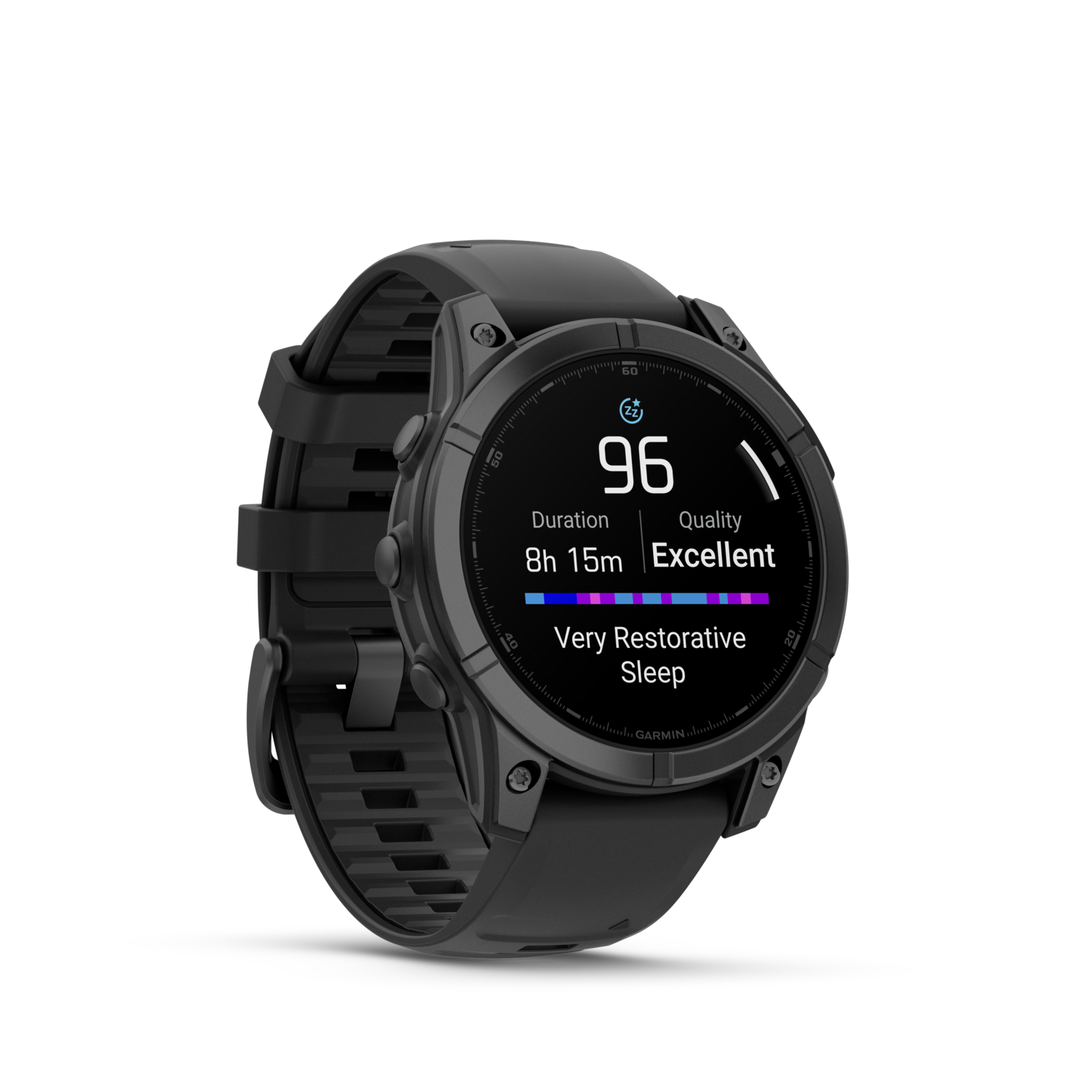 Black Garmin smartwatch displaying sleep duration, quality, and very restorative.