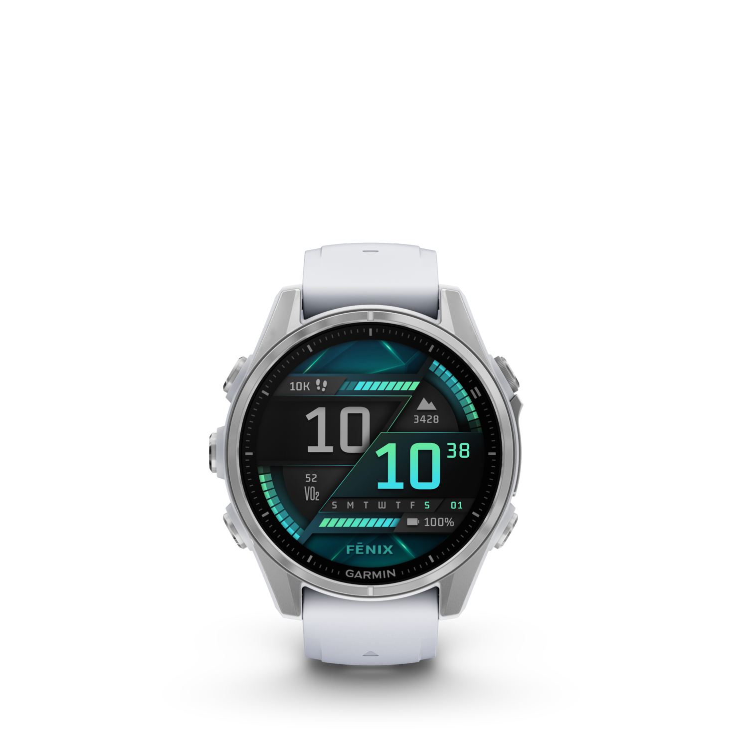Een wit Garmin Fenix horloge met een cirkelvormig scherm met gegevens en een witte band, op een zwarte achtergrond.