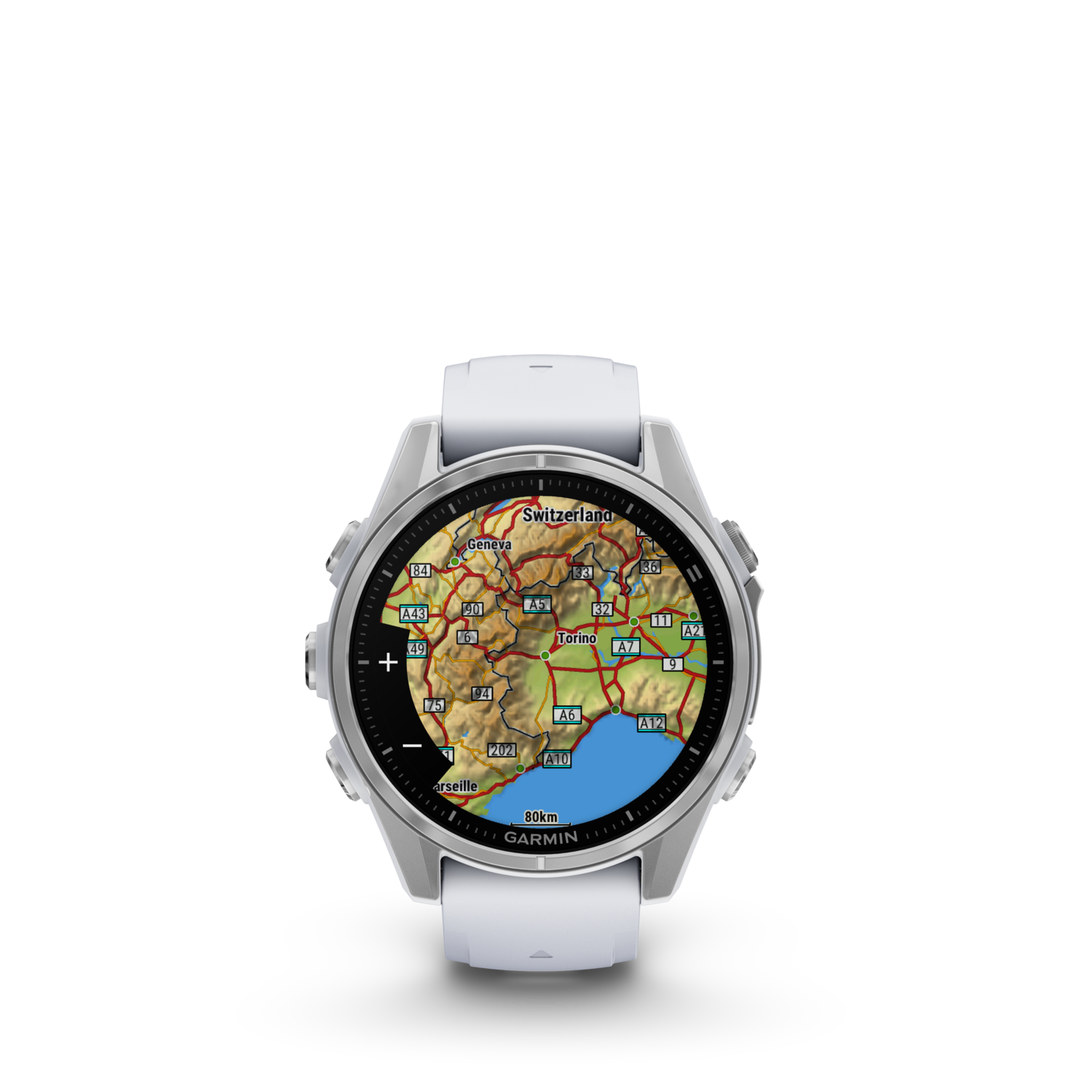 Witte Garmin-horloge. Scherm toont stadskaart in bruin- en blauwtinten.