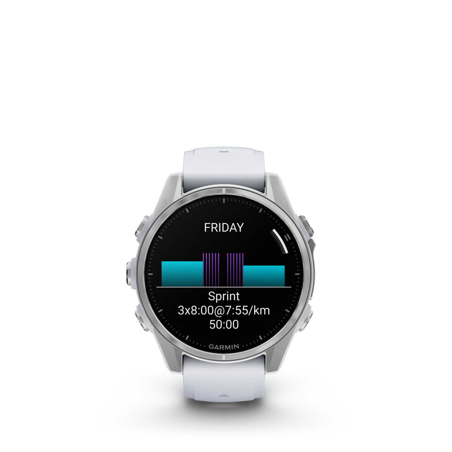Witte Garmin smartwatch die een trainingssamenvatting toont op een zwarte achtergrond.