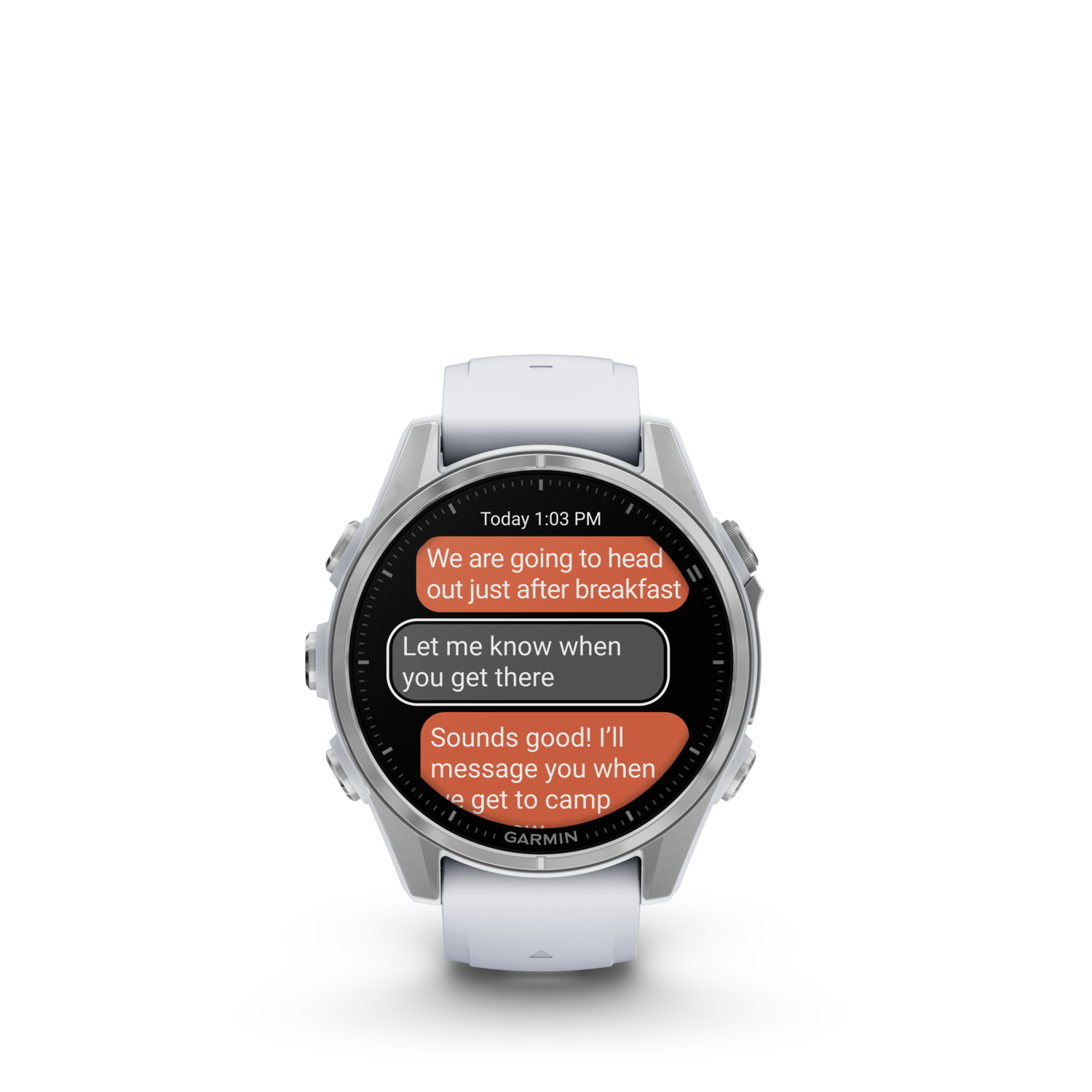Een Garmin smartwatch met een tekstbericht op een zwarte achtergrond.