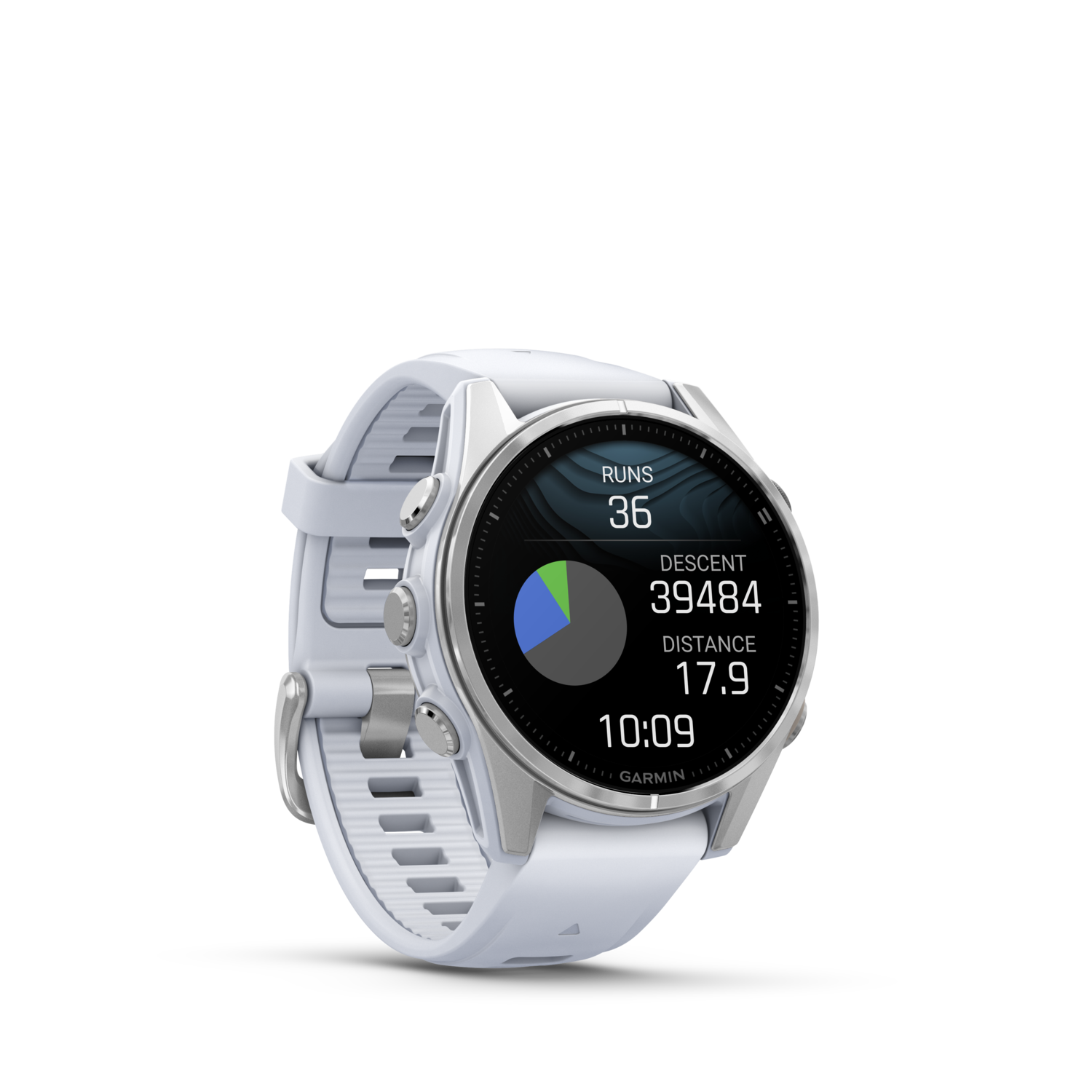 Een witte smartwatch met een digitaal display met trainingsgegevens.