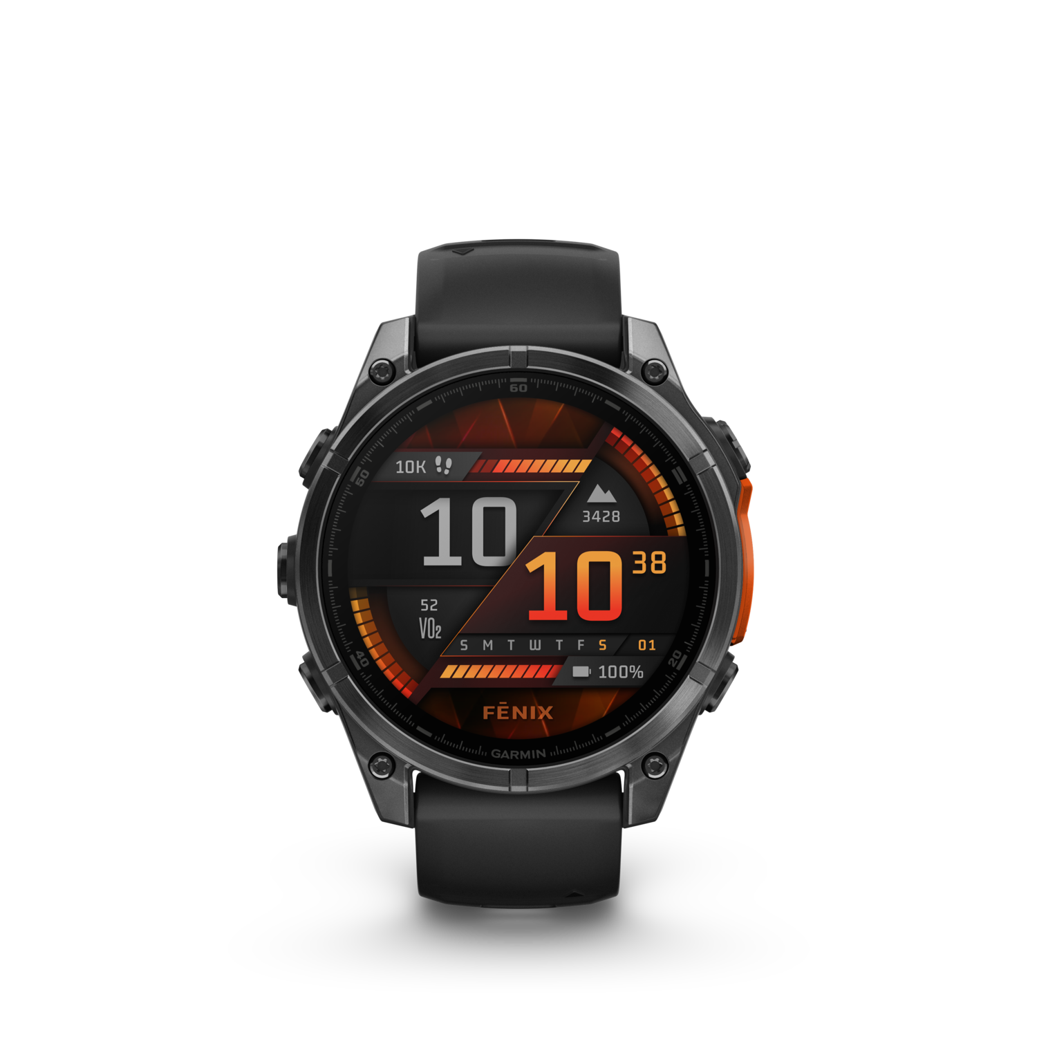 Een zwart smartwatch toont tijd, hartslag en andere statistieken tegen een zwarte achtergrond.