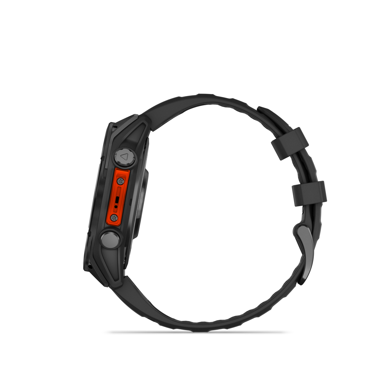 Zijaanzicht van een zwarte smartwatch met een oranje accent.
