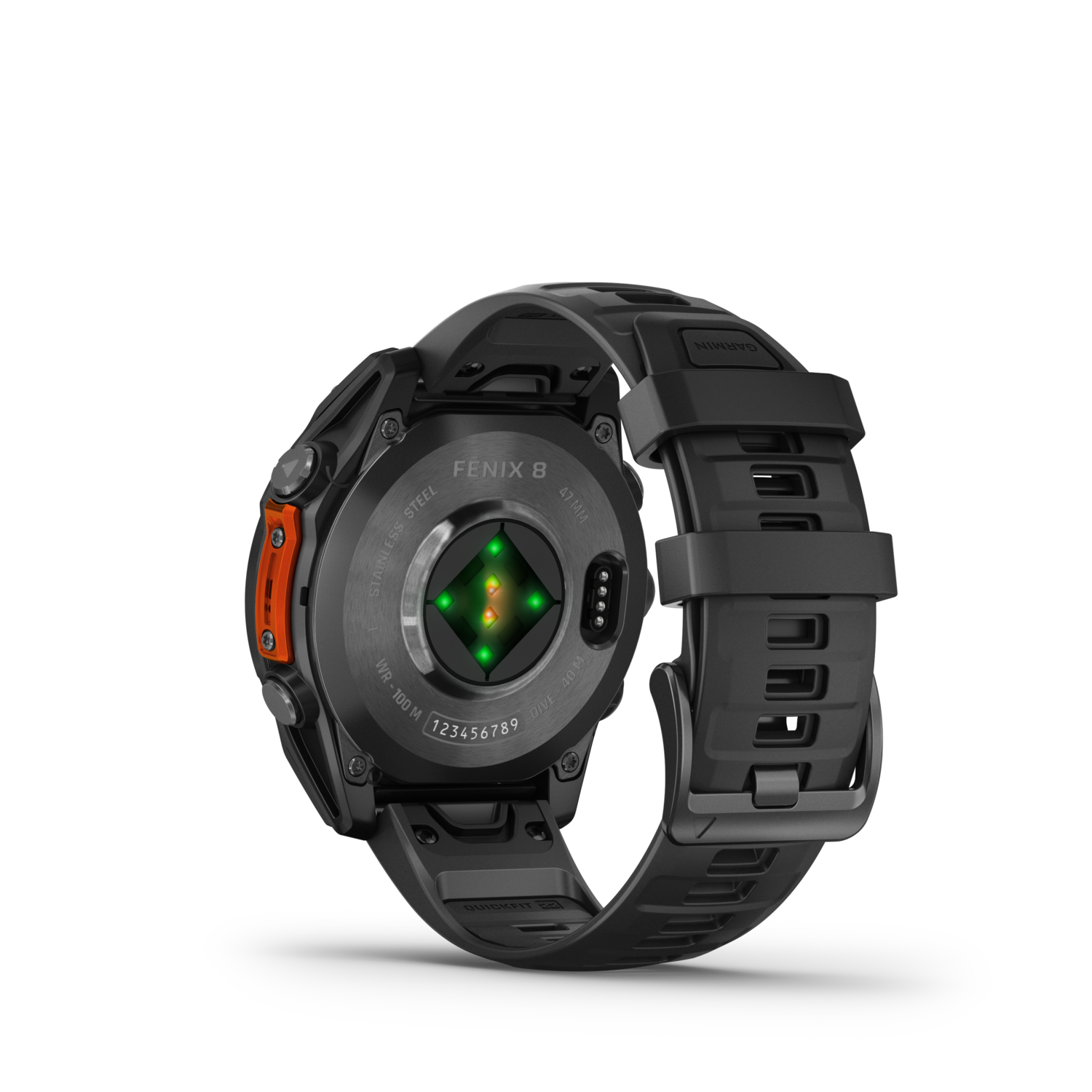 Zwart Garmin Fenix 8 horloge met zwarte band, oranje accenten en een groene sensor.