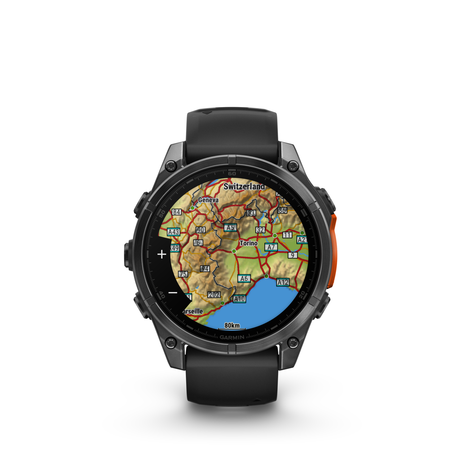 Een Garmin smartwatch toont een kaart met een route op een zwarte achtergrond, met Zwitserland.