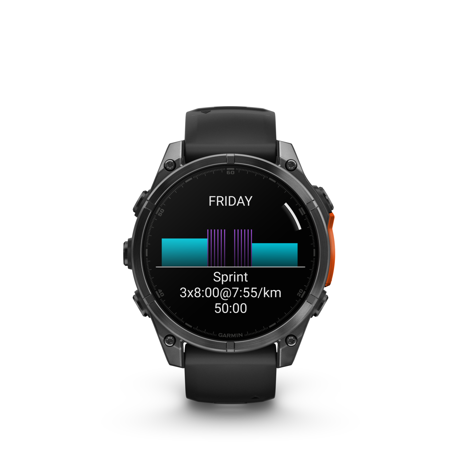 Een zwarte Garmin smartwatch met een trainingsscherm. Informatie omvat tijd, afstand en tempo.