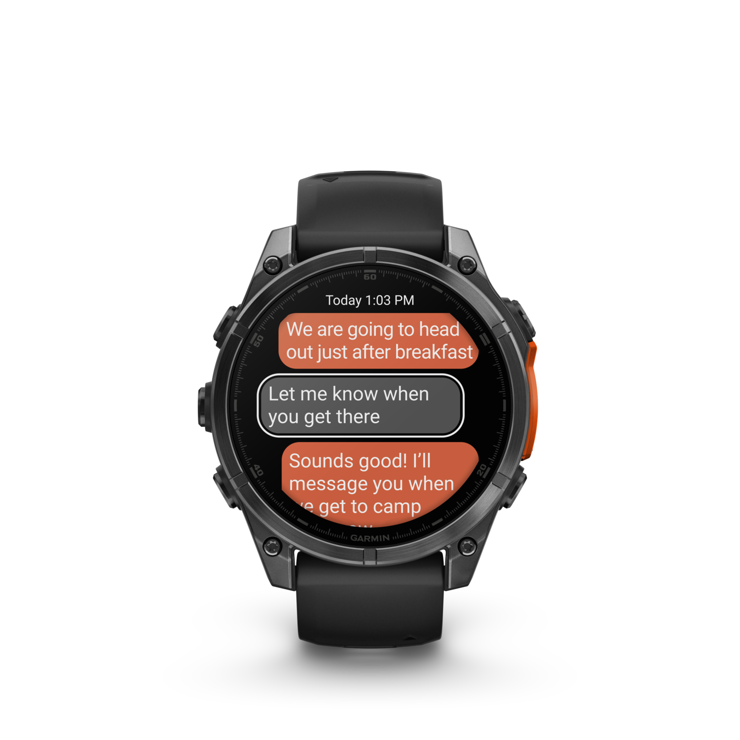 Garmin horloge met sms-berichten. De berichten staan in oranje bellen.
