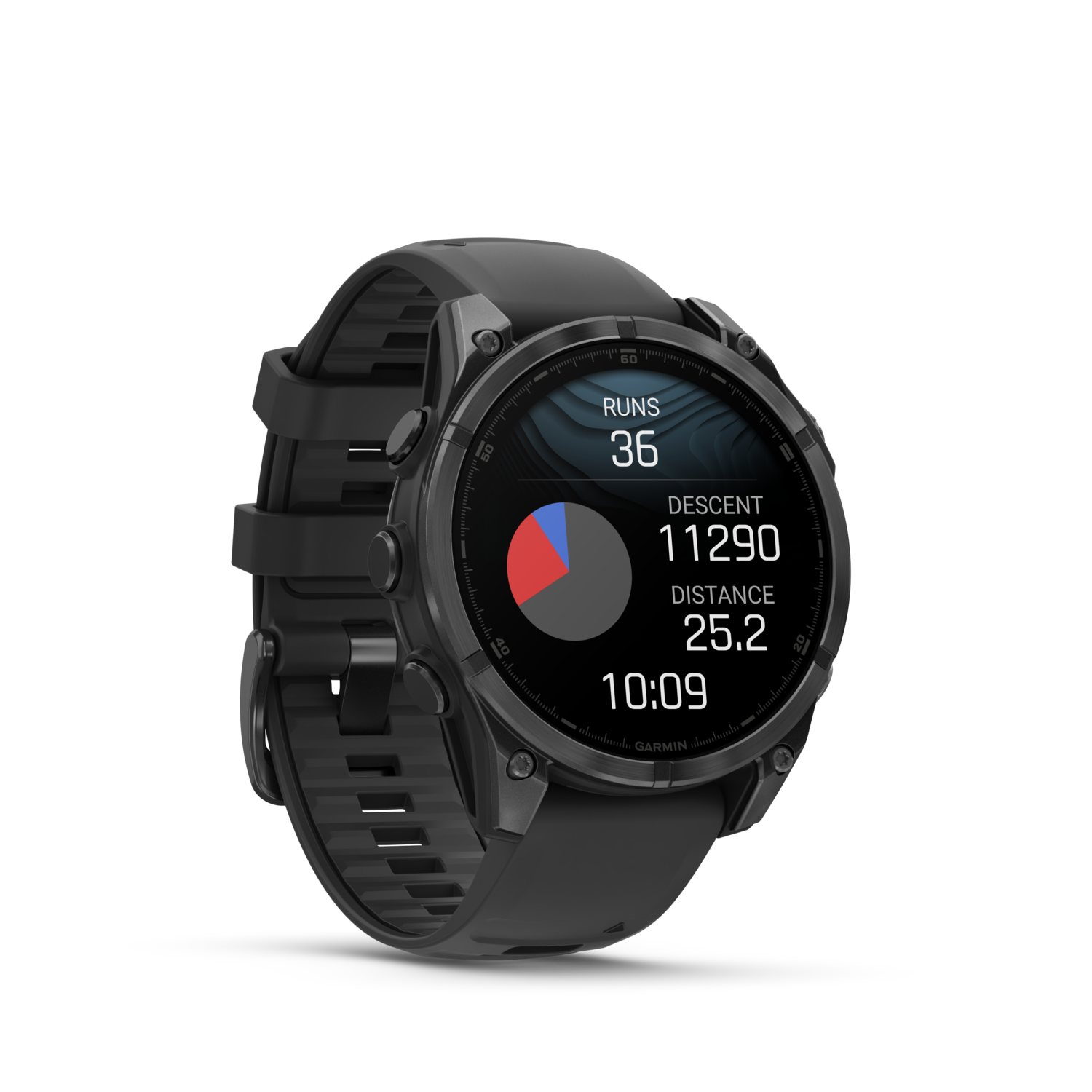 Zwarte smartwatch met runs, afdaling, afstand en tijd.