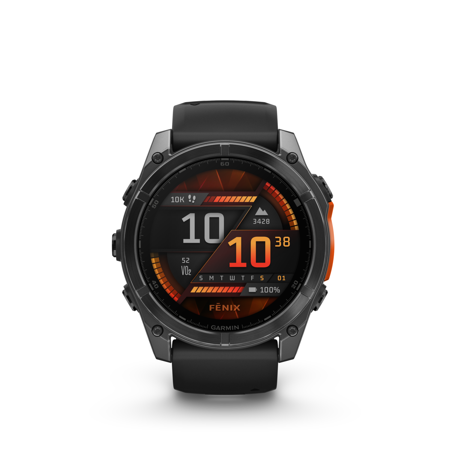 Zwarte Garmin Fenix smartwatch met oranje accenten en digitaal display.