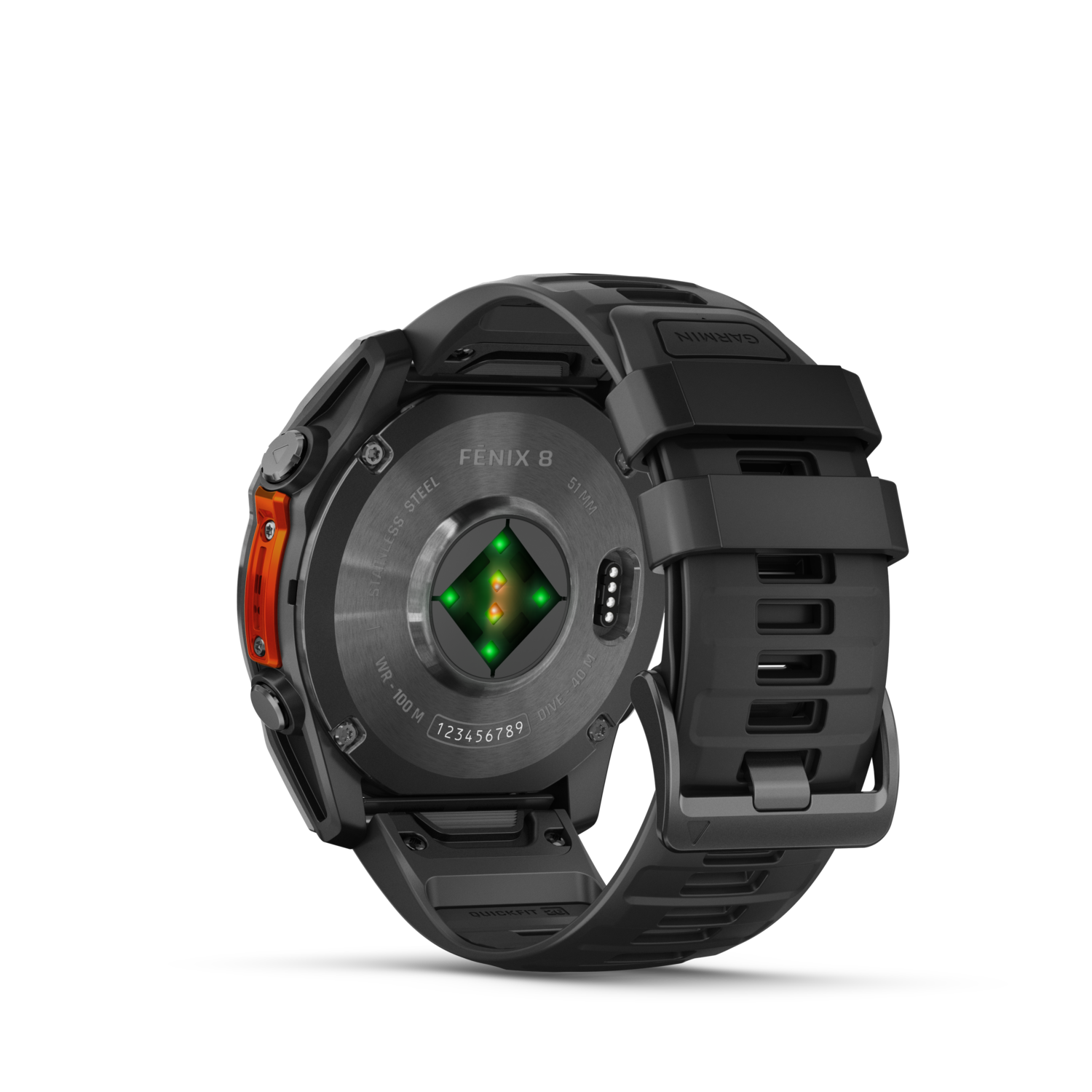 Garmin Fenix 8 smartwatch van achteren. Zwarte band en een oranje knop.