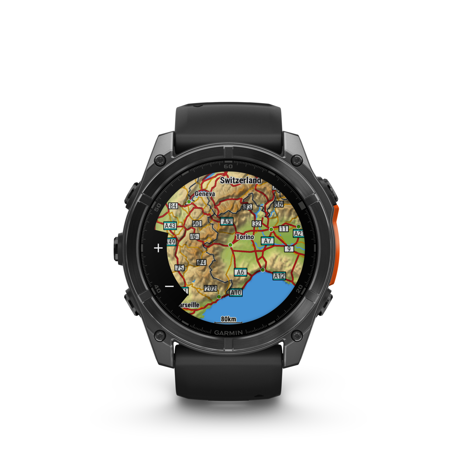 Smartwatch met kaartweergave, zwarte band en oranje zijknoppen.