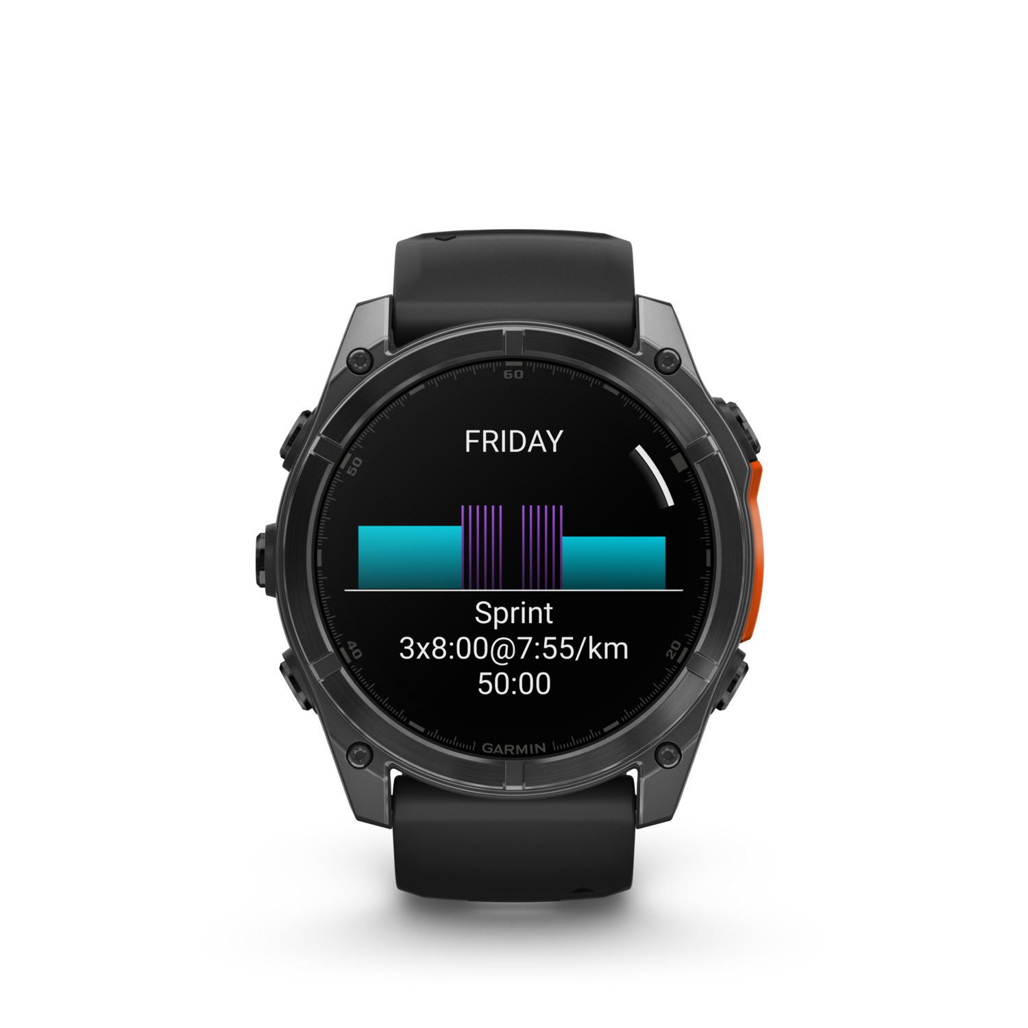 Een Garmin smartwatch die een trainingsscherm weergeeft met tijd-, afstand- en hartslaggegevens.