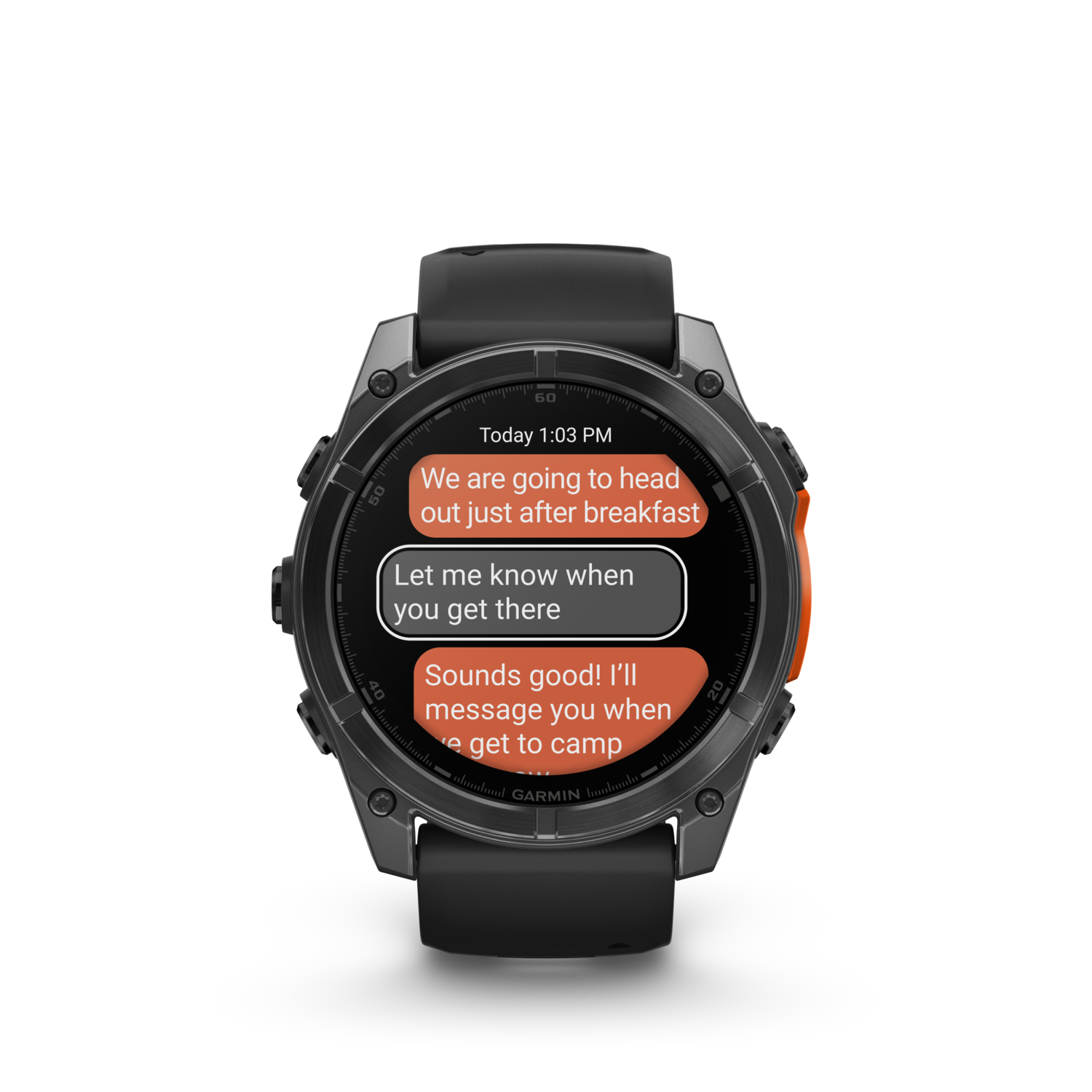 Een zwarte Garmin smartwatch met een sms-gesprek op het scherm.