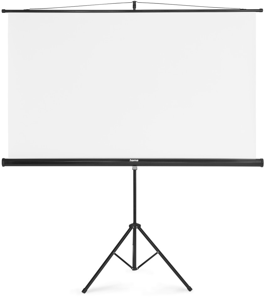 Ein weißer Projektionsleinwand auf einem schwarzen Stativ mit drei Beinen.