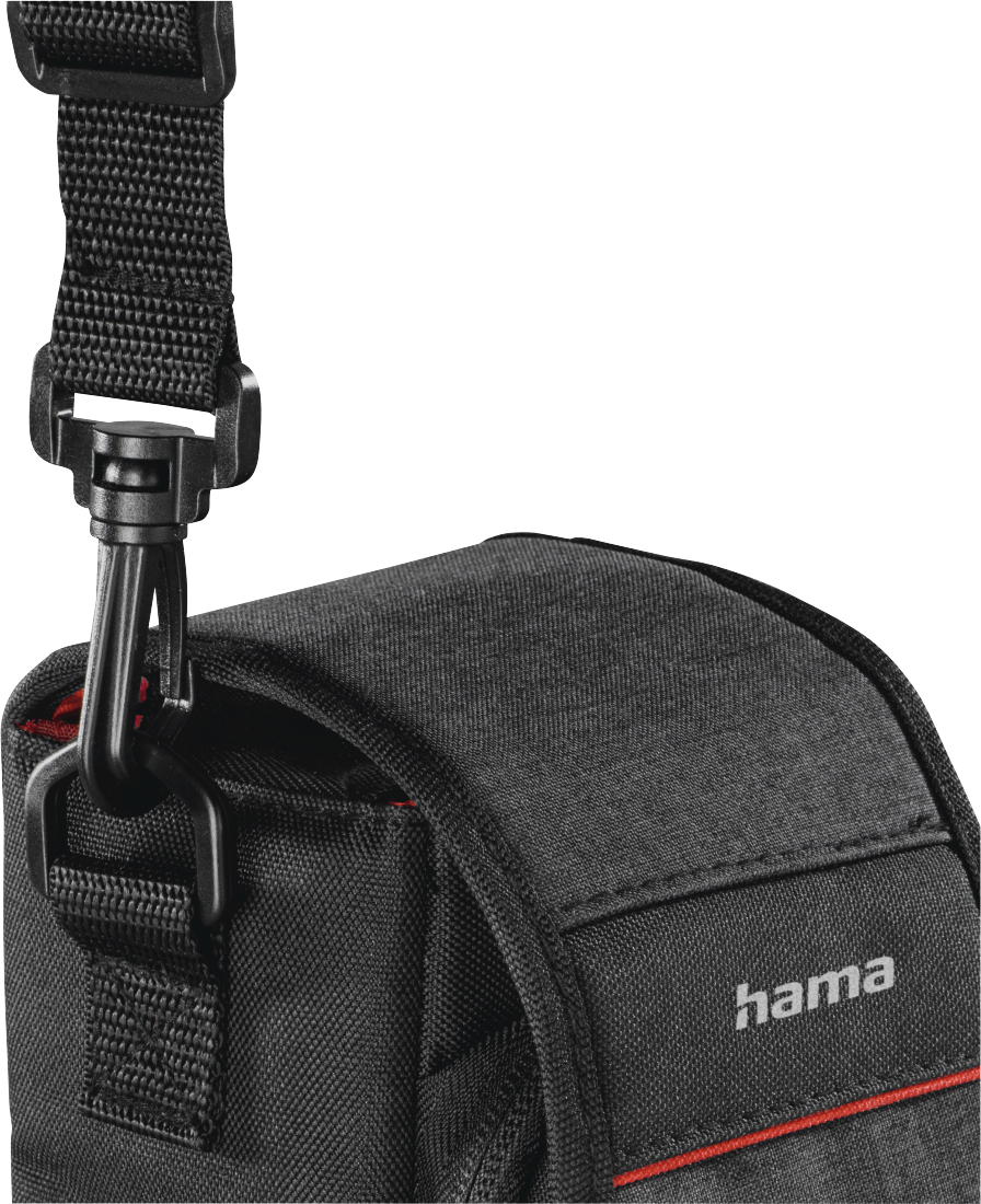 Una borsa nera con finiture rosse e una clip nera sulla tracolla.
