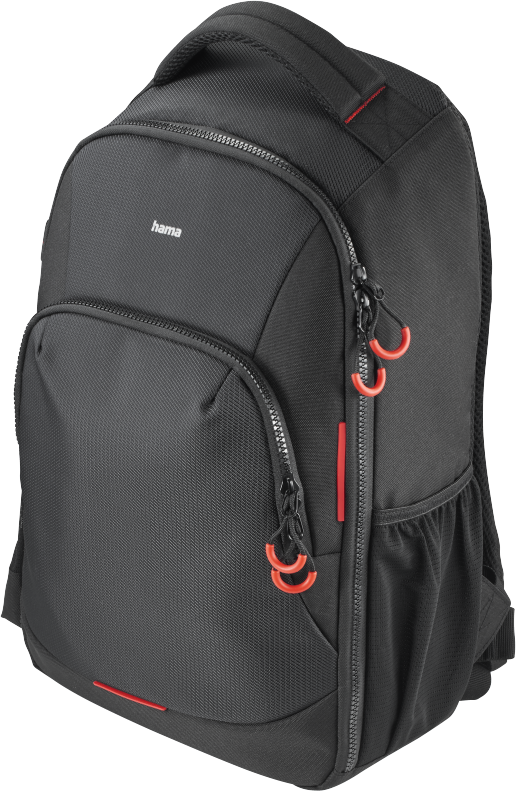 Schwarzer Rucksack mit roten Akzenten. Mehrere Reißverschlusstaschen und ein 'hama' Logo.