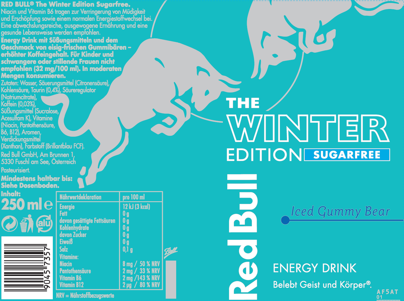 Red Bull Winter Edition Sugarfree Energy Drink Dose mit Text und einem Bild eines Bären.
