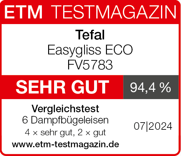 ETM Testmagazin Bewertung für ein Tefal Bügeleisen, Note 94,4 %.
