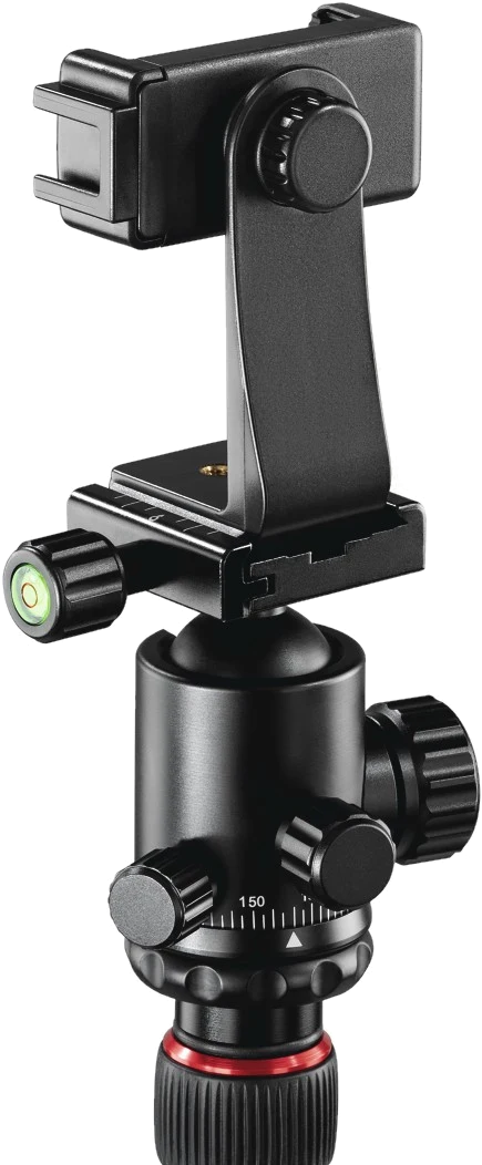 Schwarzer Stativkopf mit Smartphone-Halterung. Kugelkopf mit Wasserwaage, Knöpfen und rotem Ring.