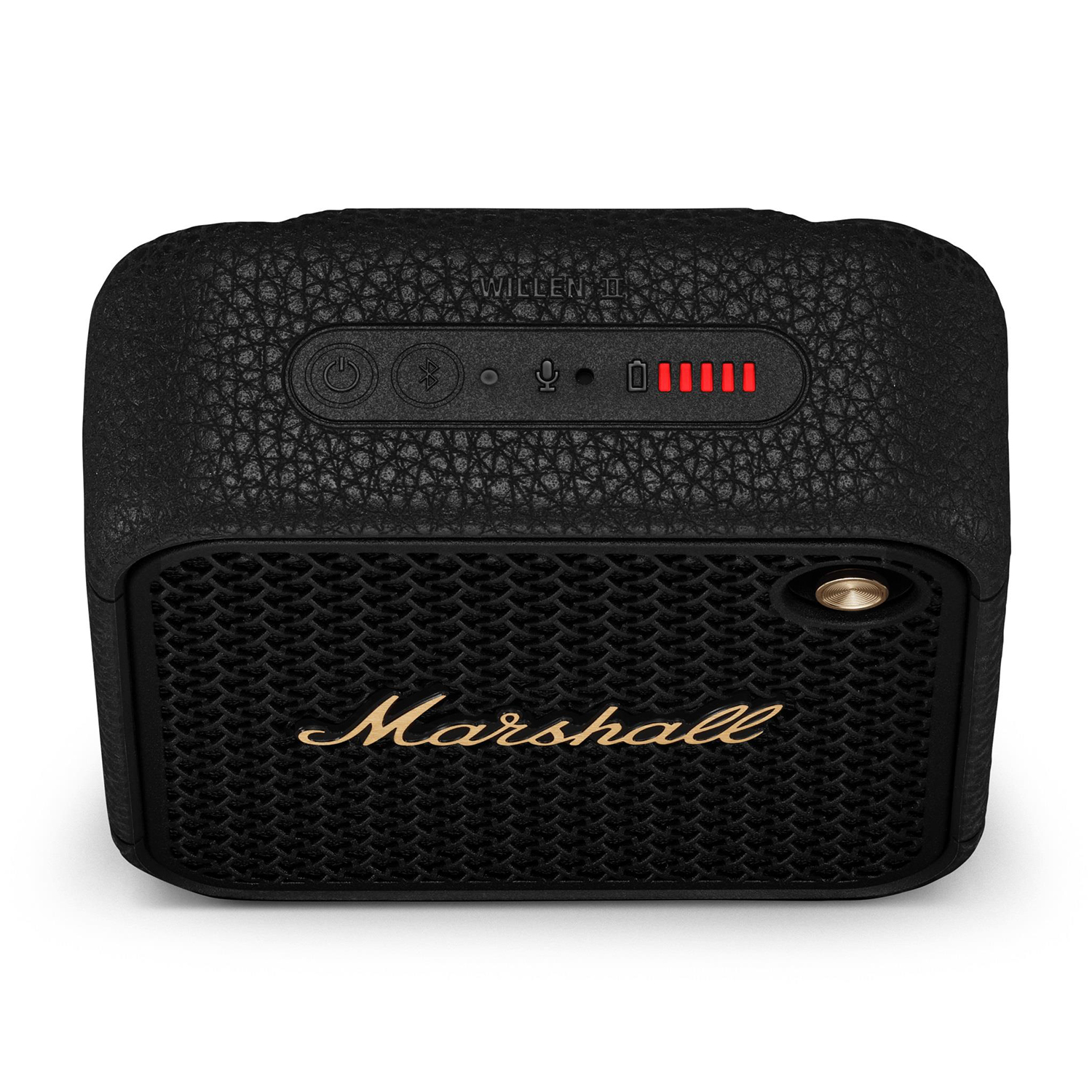 Altoparlante nero Marshall Willen II con scritte dorate e indicatore batteria rosso.