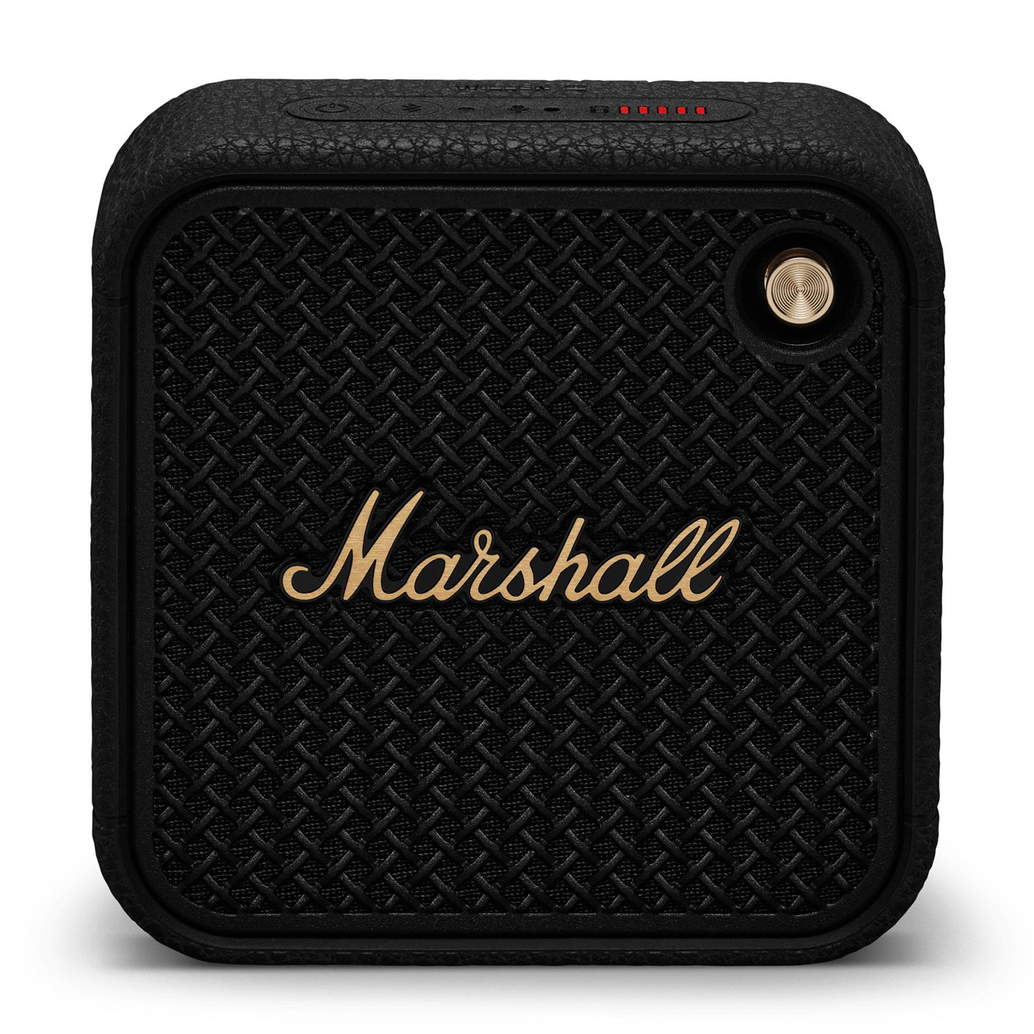 Un altoparlante Marshall nero con frontale strutturato e logo Marshall dorato, su sfondo bianco.