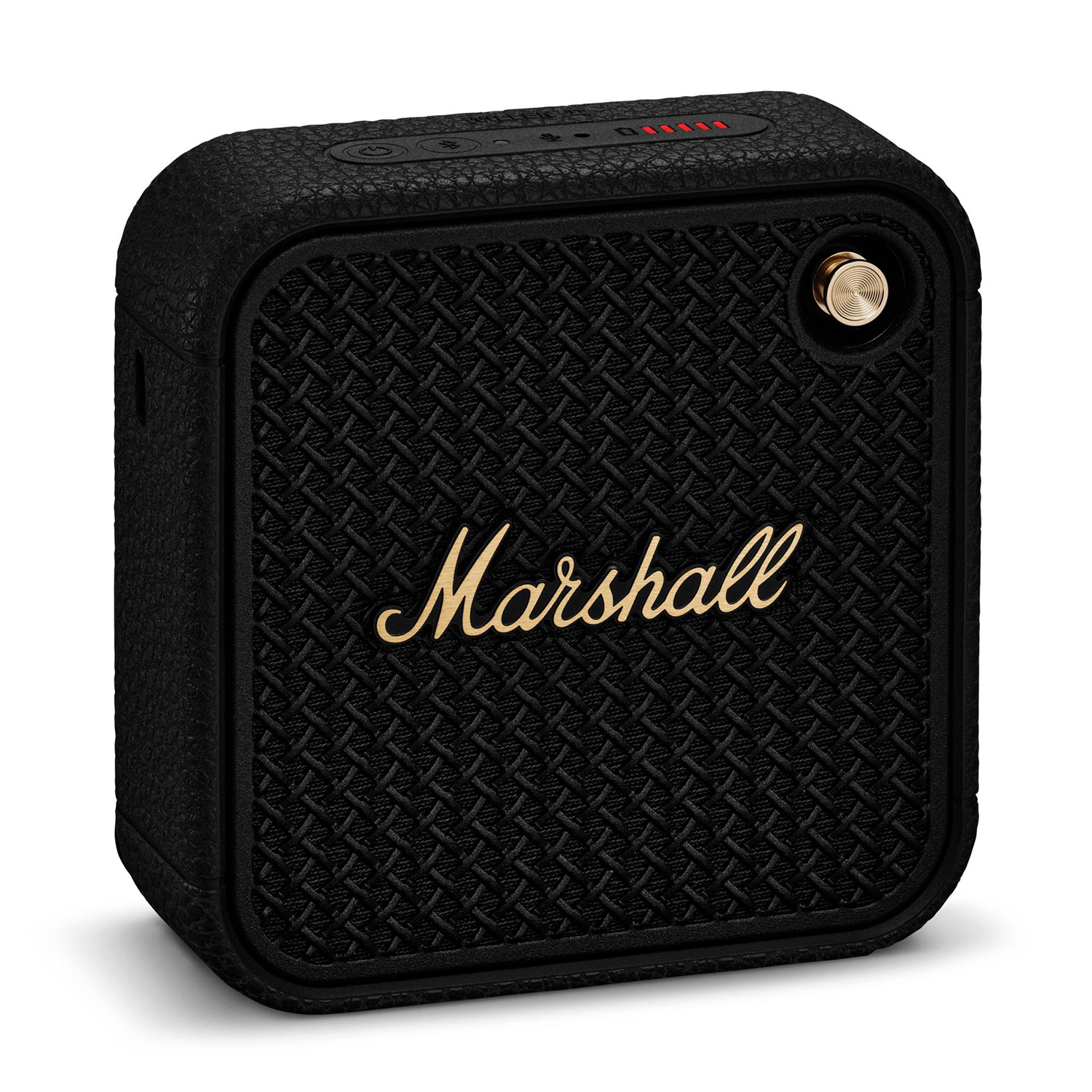 Altoparlante Marshall nero. Superficie strutturata. Logo Marshall dorato.