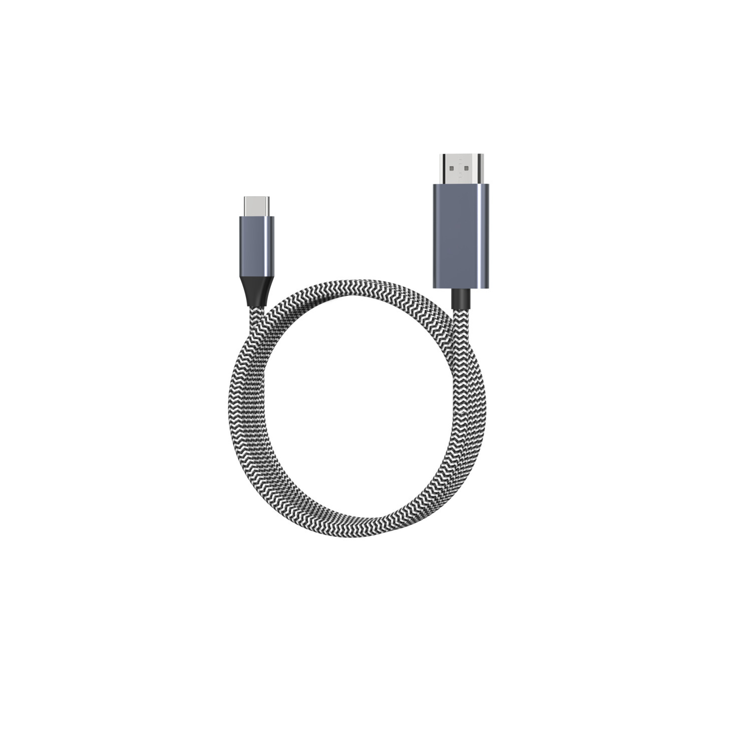 Un câble gris USB-C vers HDMI, enroulé sur un fond blanc.