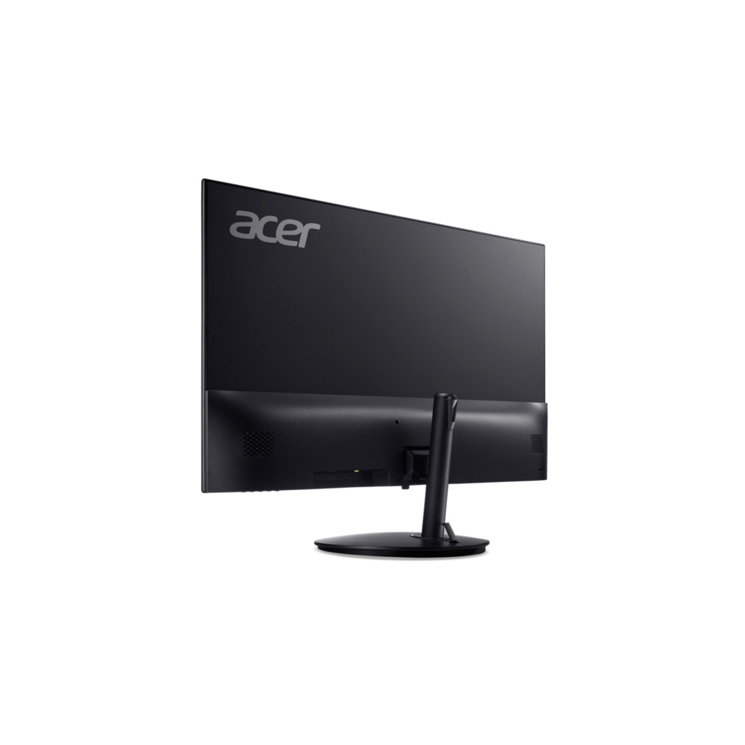 Black Acer monitor with the brand name on the back, angled view.