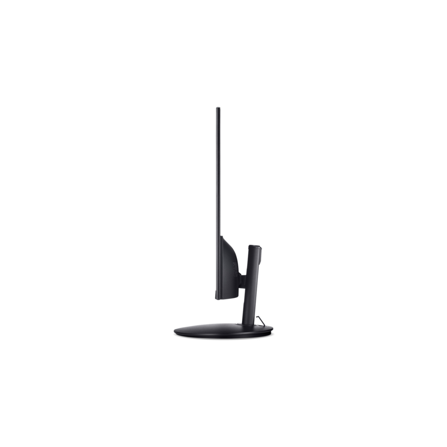Side view of a black computer monitor on a white background, showing the stand and screen.