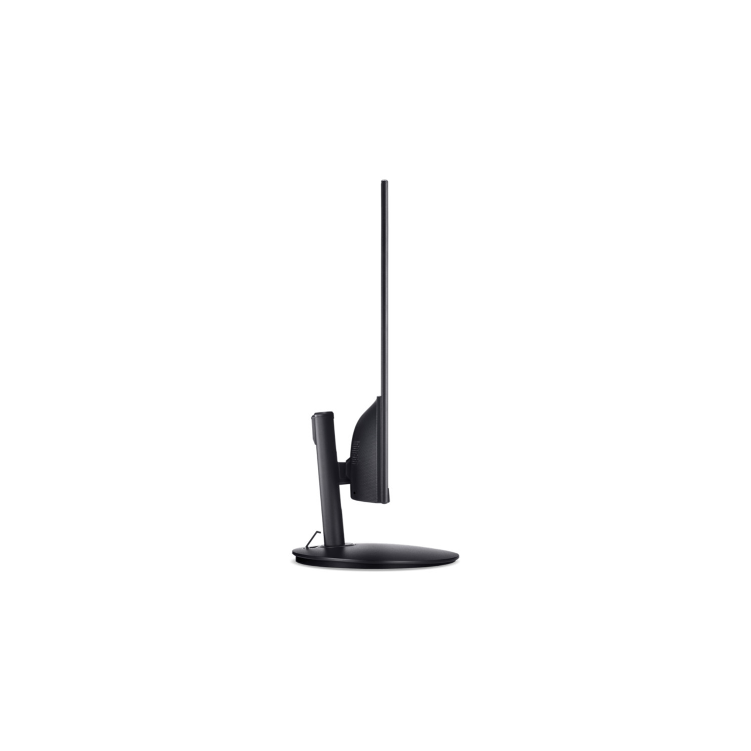 A side view of a black computer monitor with a stand, against a white background.