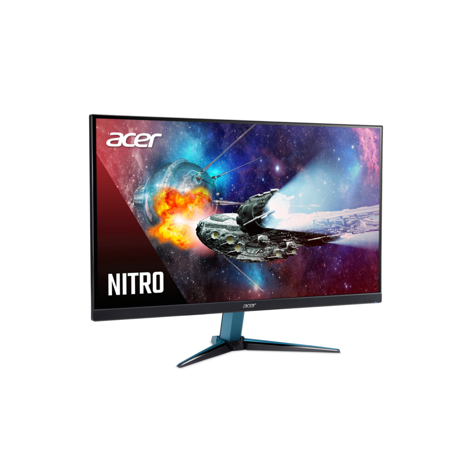 Acer Nitro monitor displaying a space battle scene, with a black base.