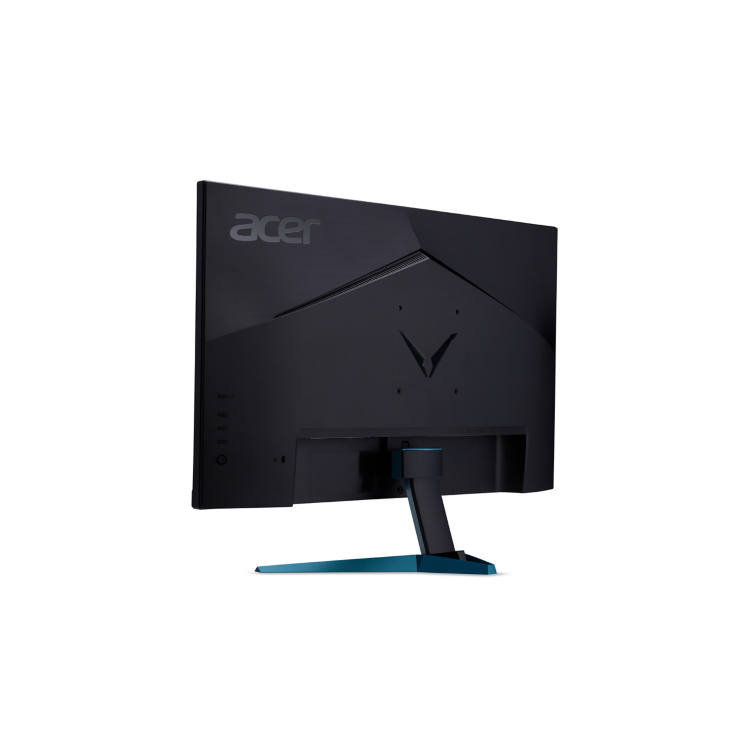 Rear view of an Acer monitor. Black body with blue accents on the stand. The Acer logo is visible.