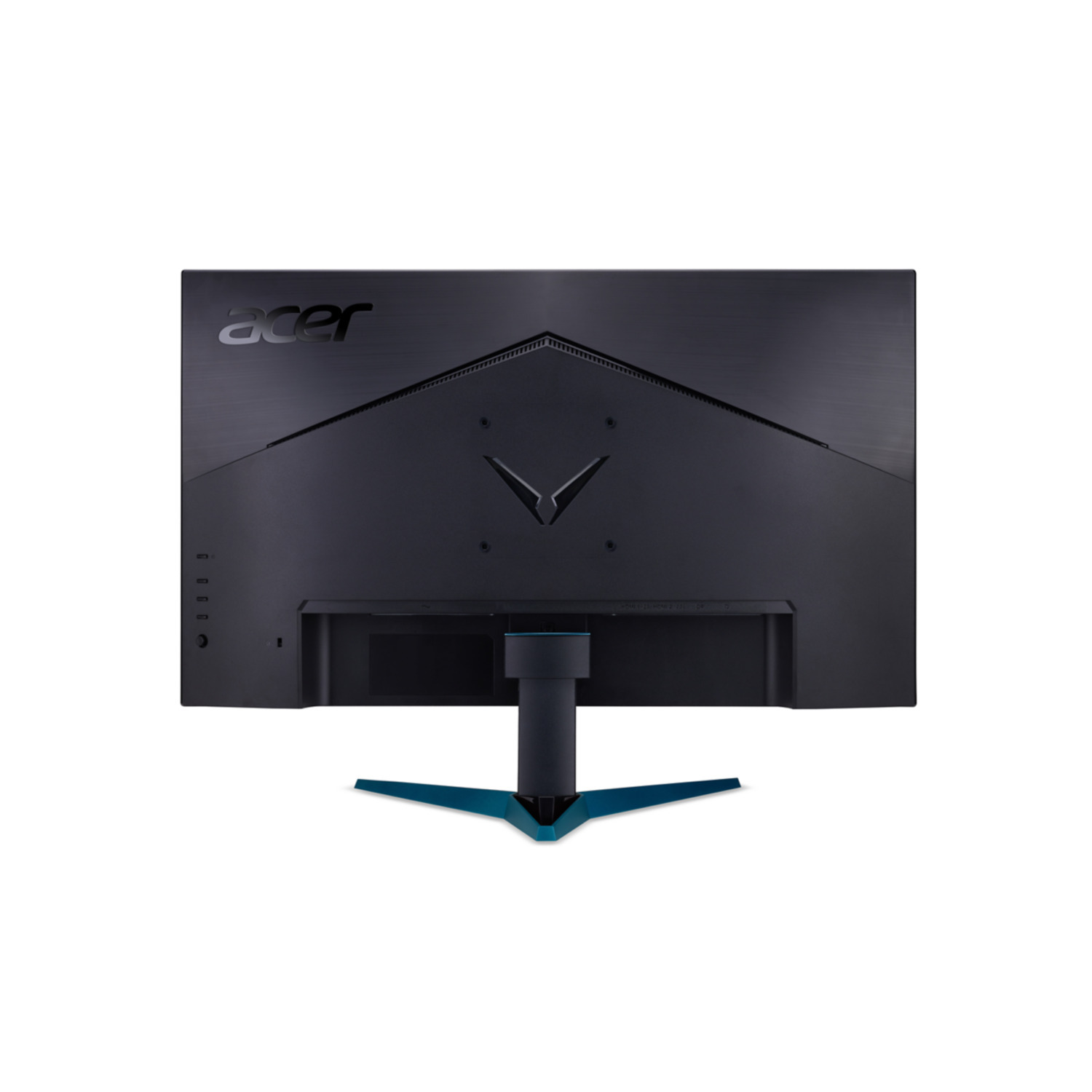 The back of a black Acer monitor with a blue stand and the Acer logo.