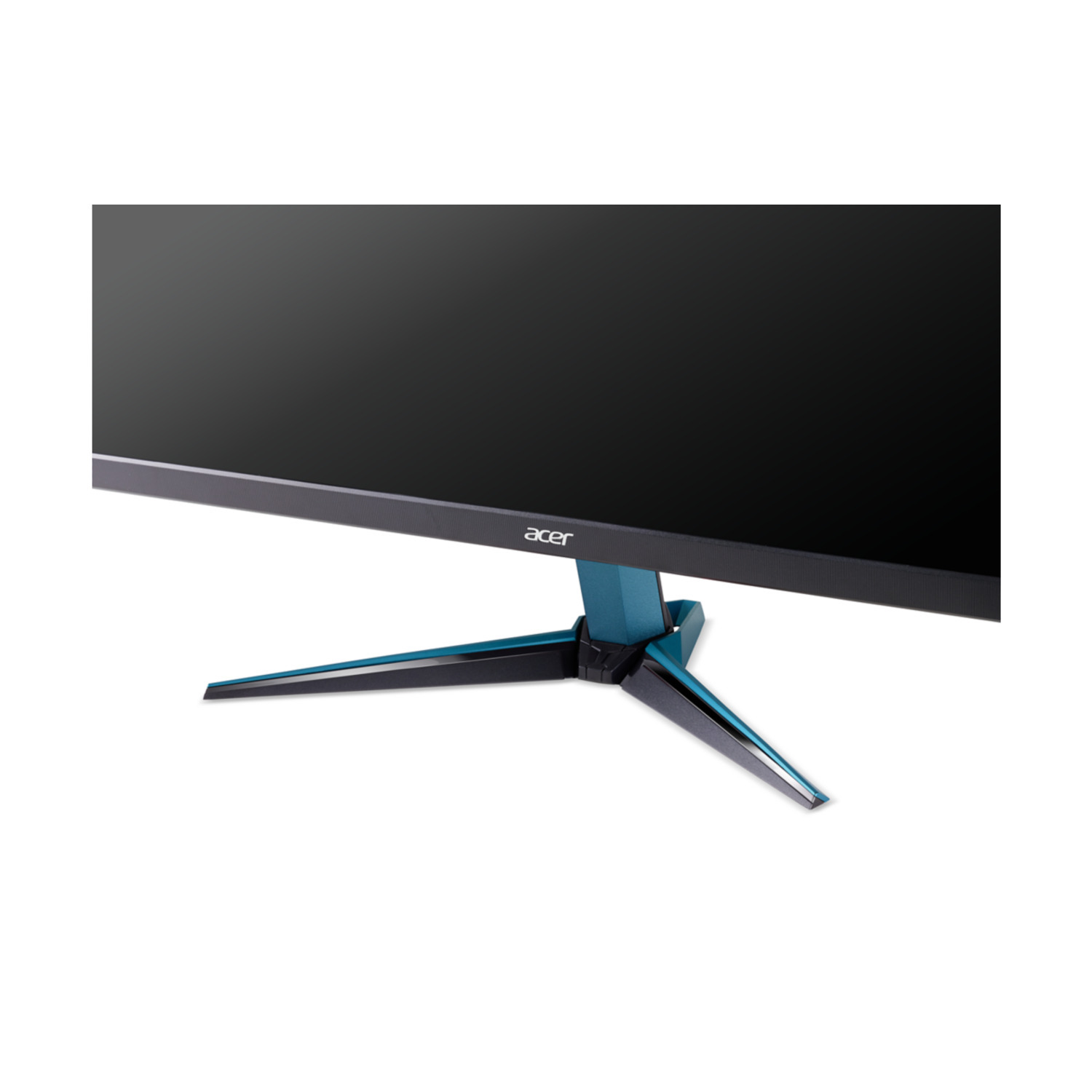 Acer monitor showing the lower part, black screen, blue stand.